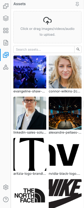 The Swebsy Assets tab with upload controls and an asset gallery grid.