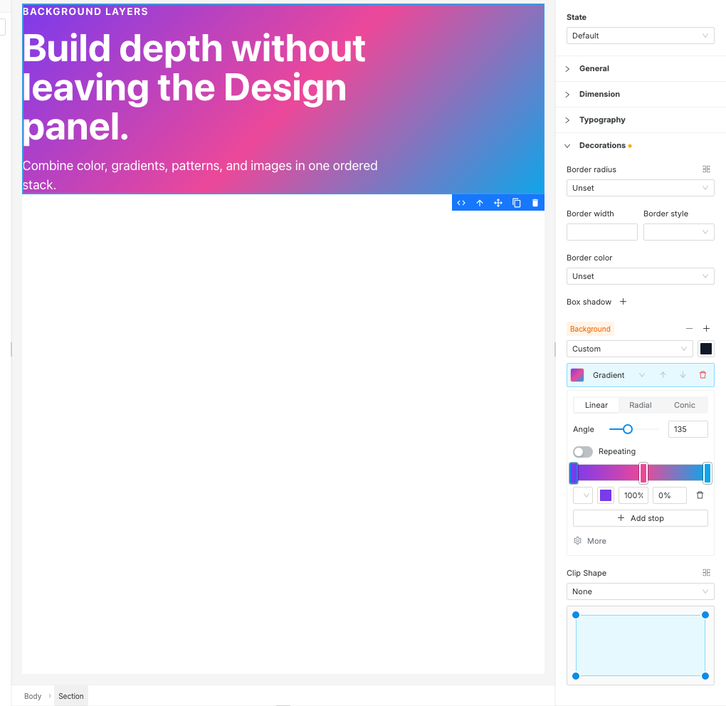 The Swebsy canvas beside the Background editor, showing a linear gradient with three color stops.