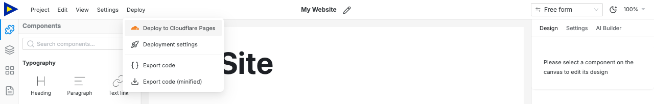 The Deploy dropdown open in the Swebsy top bar, with Deploy to Cloudflare Pages highlighted