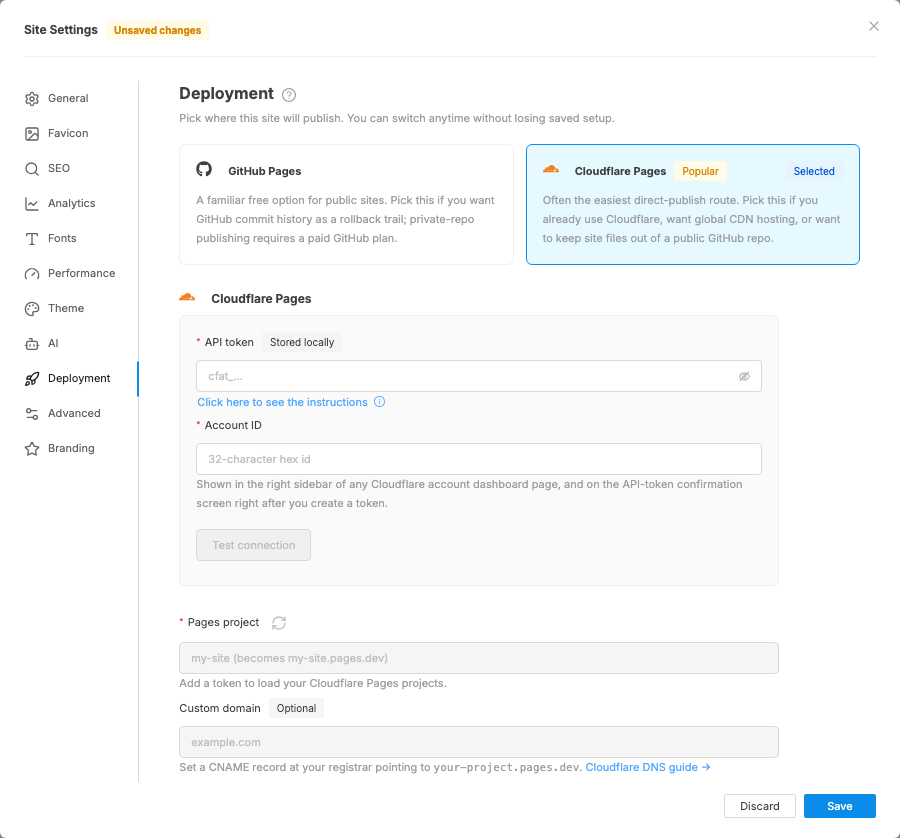 Swebsy Deployment settings open to the Cloudflare Pages configuration fields