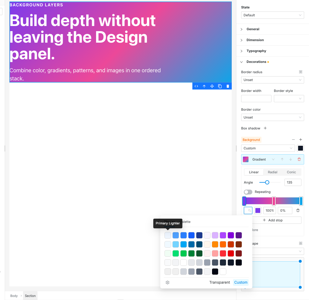 The Theme tab of Swebsy's color swatch picker, showing paired semantic color families, compact footer actions, and a Primary Lighter tooltip.