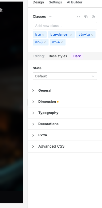 The Design panel showing the Dark editing context.