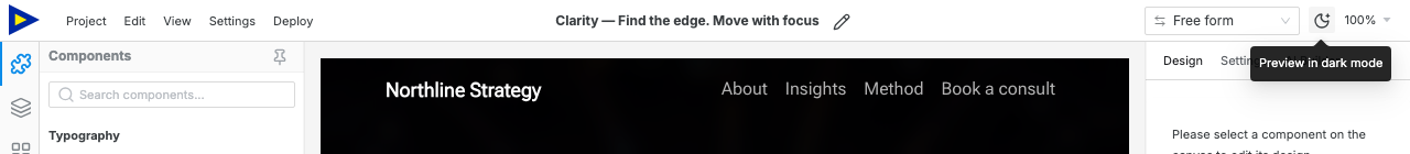 The Swebsy topbar with the dark mode preview icon beside the responsive device selector.