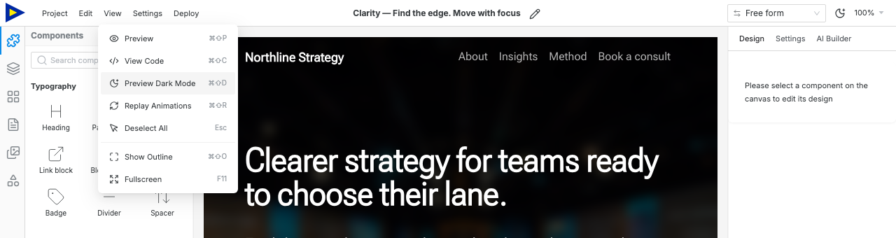 The Swebsy View menu with Preview Dark Mode highlighted.