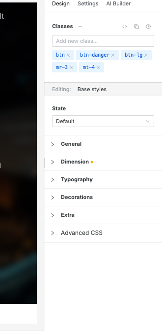 The Swebsy Design panel showing the selected element's classes, editing context, and style controls.