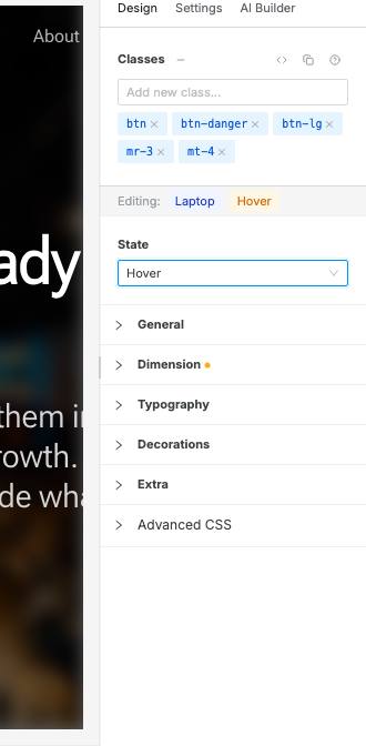 The Swebsy Design panel Editing ribbon showing a Laptop breakpoint and Hover state.