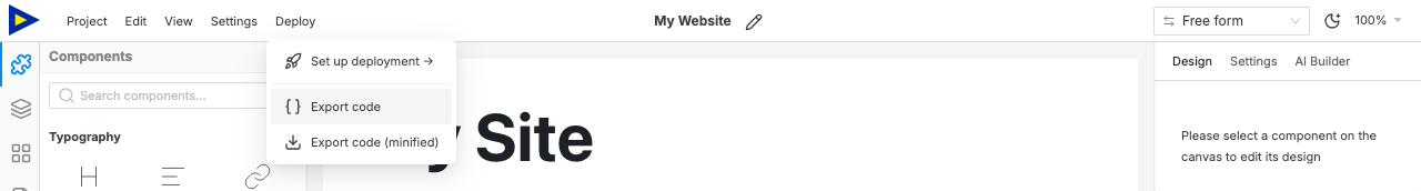 The Deploy dropdown open in the Swebsy top bar, with Export code highlighted