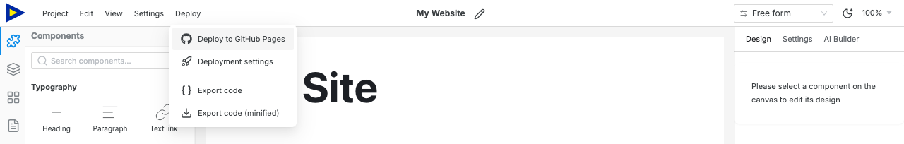 The Deploy dropdown open in the Swebsy top bar, with Deploy to GitHub Pages highlighted