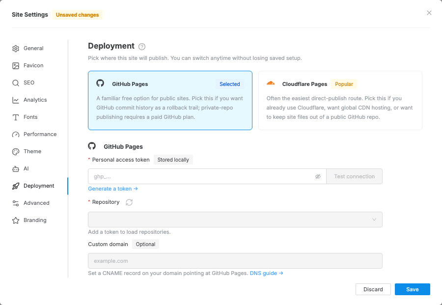 Swebsy Deployment settings open to the GitHub Pages configuration fields