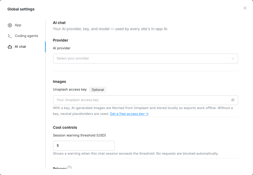Global settings modal open to the AI chat tab, showing the AI provider dropdown, Unsplash access key field, and session warning threshold.