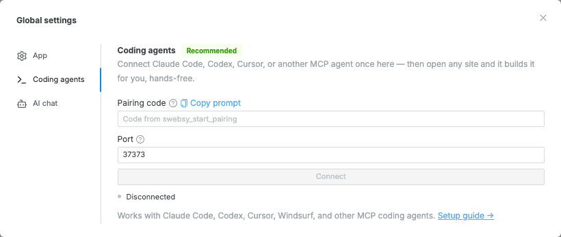 Global settings modal open to the Coding agents tab, showing the Copy prompt link, the pairing code and port fields, and a Connect button.