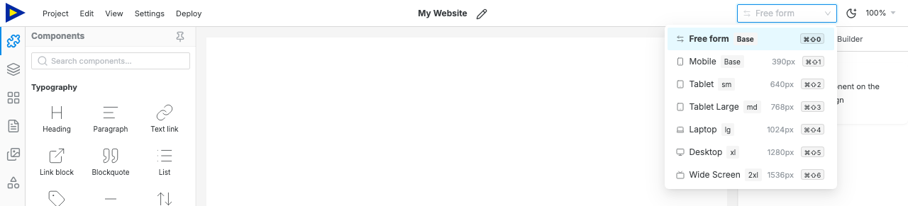 The Swebsy topbar device selector opened with responsive device options.