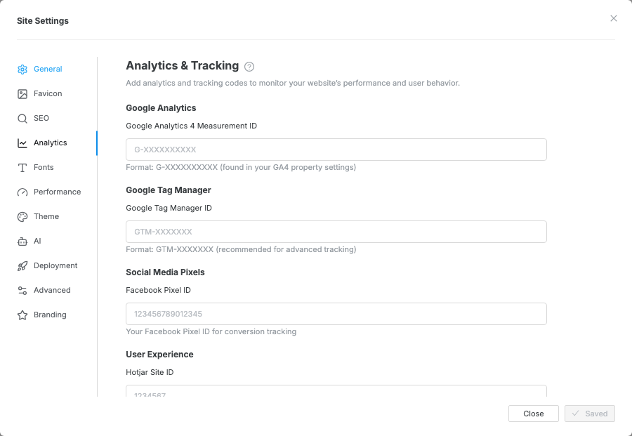 The Site Settings modal opened to Analytics and Tracking settings.