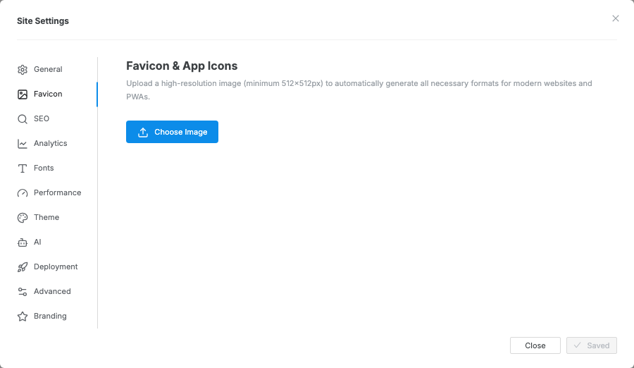 The Site Settings modal opened to Favicon settings.