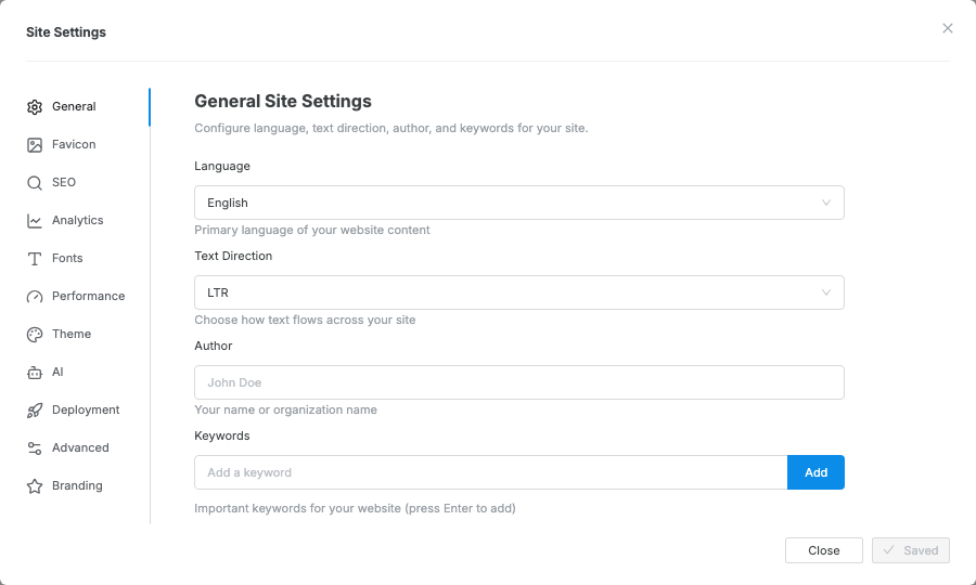The Site Settings modal opened to General settings.