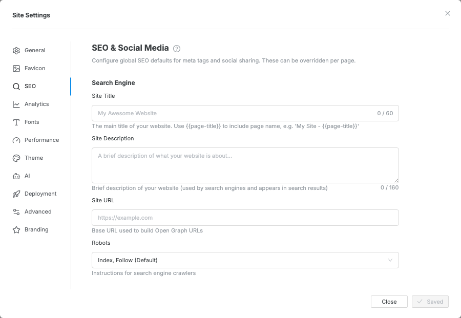 The Site Settings modal opened to SEO and social media settings.