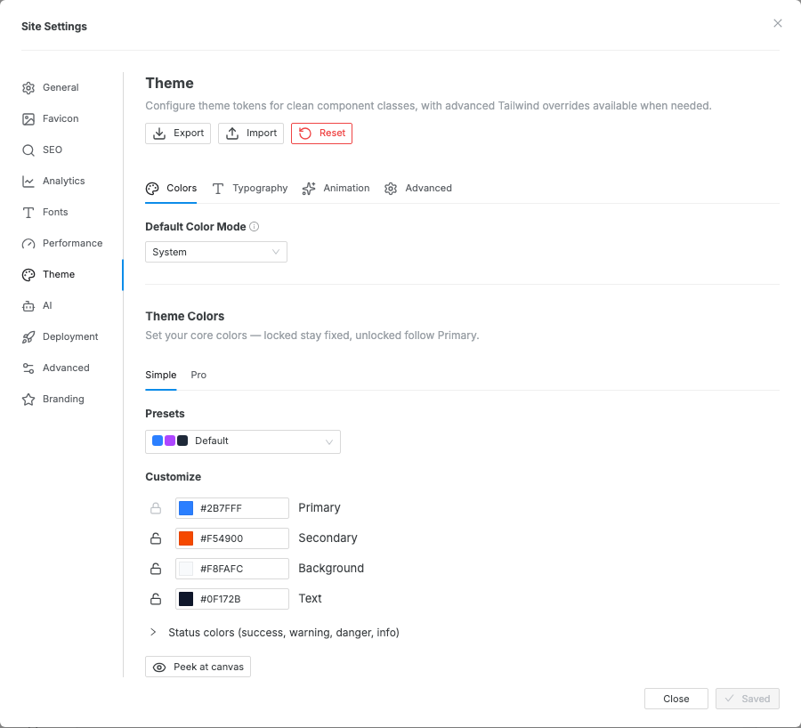 The Site Settings modal opened to Theme settings with the Colors tab selected.