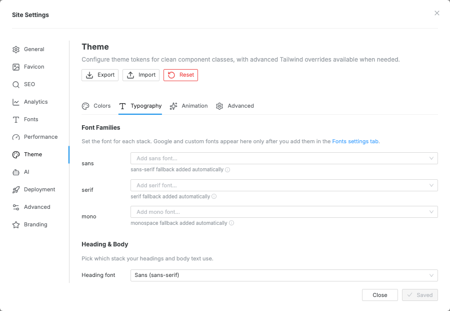 The Typography tab in Theme settings, showing font family selectors and font size controls.